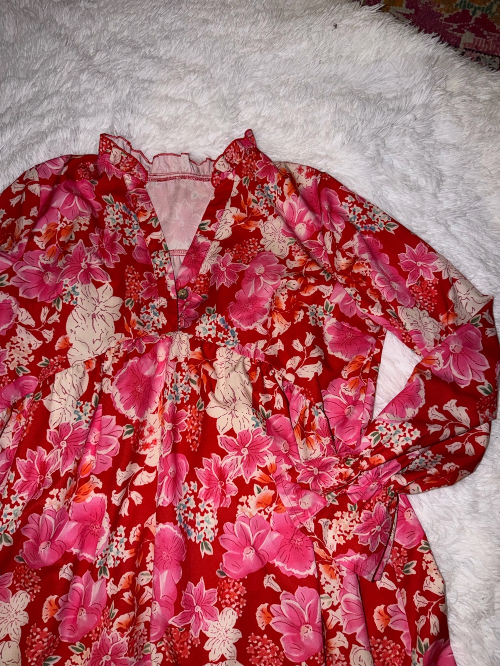 Red Floral Women's Business Casual Dress with Button Detail Long Sleeve